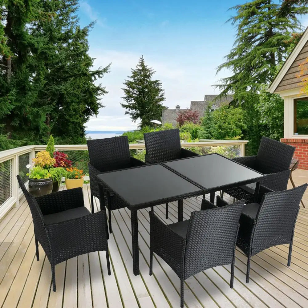 Outdoor Minimalist Black Wicker 6-Seater Dining Set - Furniture > Outdoor