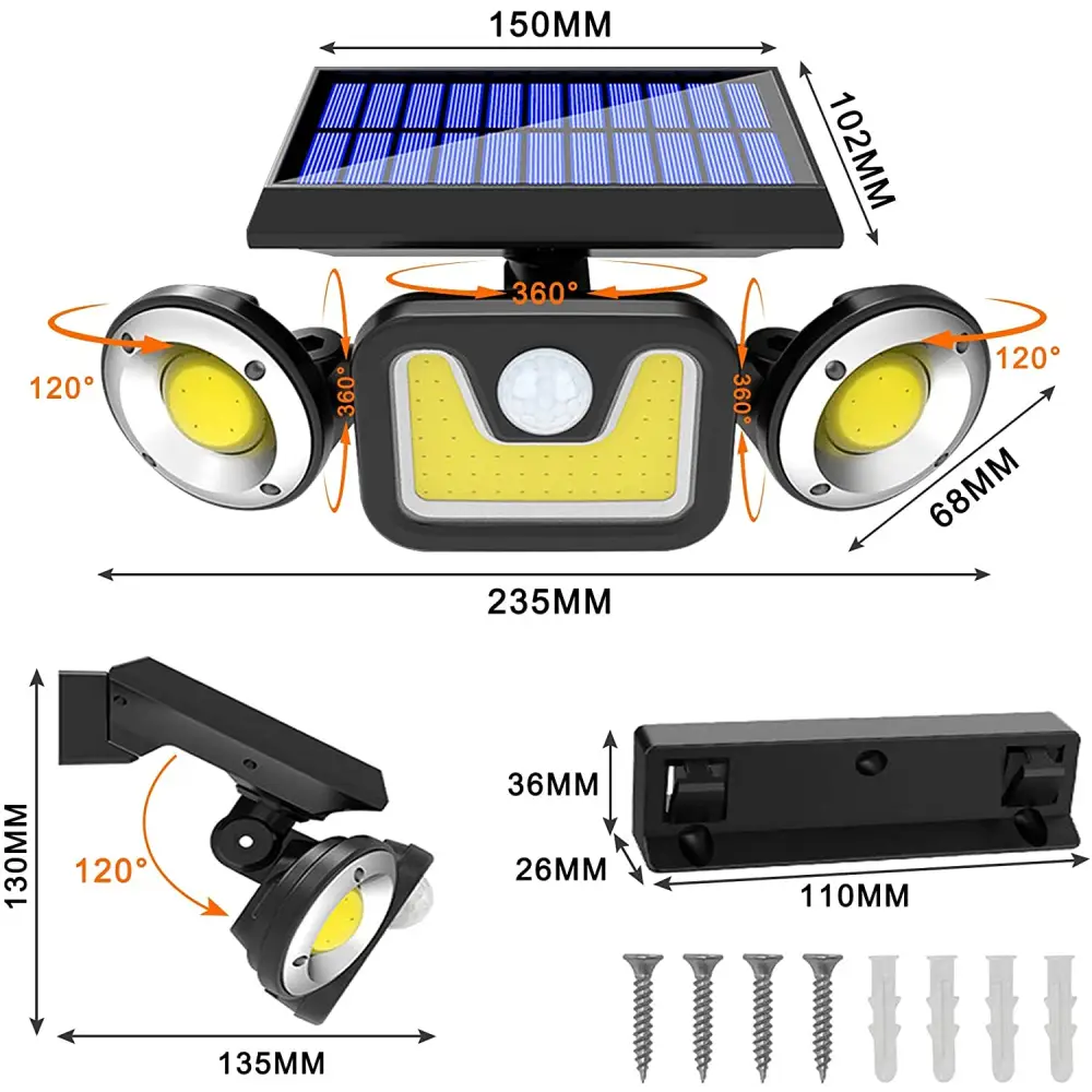 Outdoor Solar Lights with 3 Adjustable Head for Porch Garden Patio - Home & Garden > Garden Lights