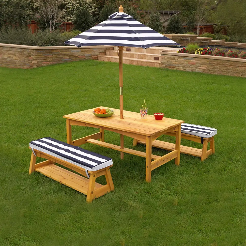 Outdoor Table & Bench Set with Cushions & Umbrella (Navy) - Baby & Kids > Kid’s Furniture