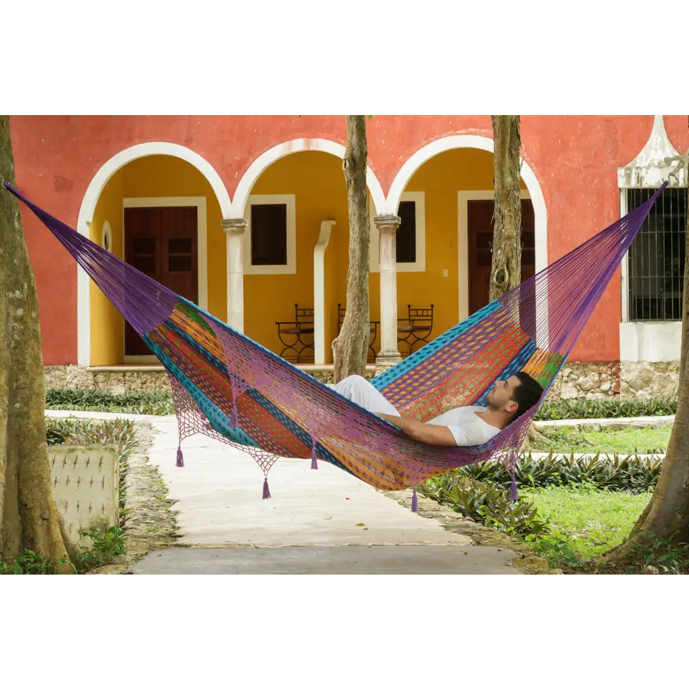 Outdoor undercover cotton Mayan Legacy hammock with hand crocheted tassels King Size Colorina - Home & Garden > Hammocks