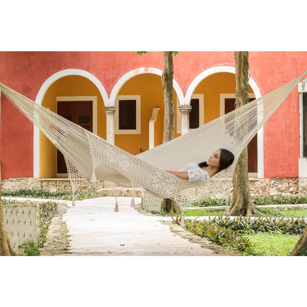 Outdoor undercover cotton Mayan Legacy hammock with hand crocheted tassels King Size Marble - Home & Garden > Hammocks