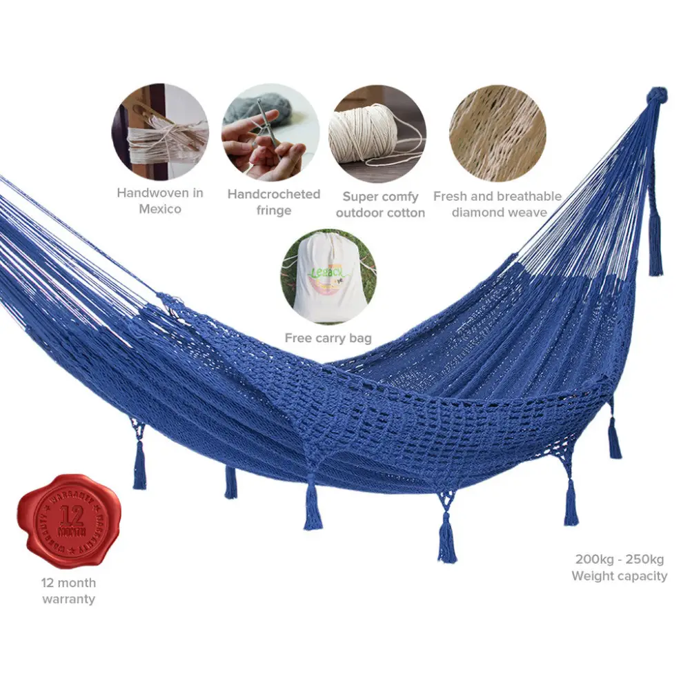 Outdoor undercover cotton Mayan Legacy hammock with hand crocheted tassels King Size Blue - Home & Garden > Hammocks