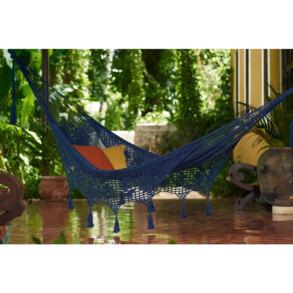 Outdoor undercover cotton Mayan Legacy hammock with hand crocheted tassels King Size Blue - Home & Garden > Hammocks