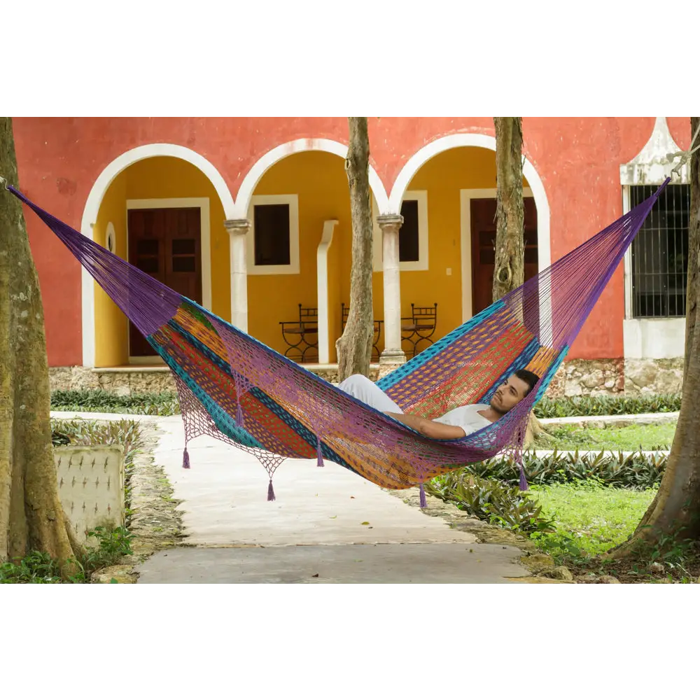 Outdoor undercover cotton Mayan Legacy hammock with hand crocheted tassels King Size Colorina - Home & Garden > Hammocks
