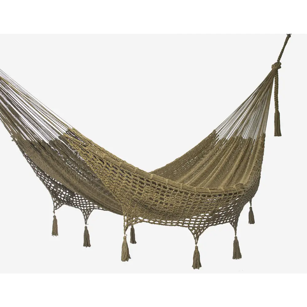 Outdoor undercover cotton Mayan Legacy hammock with hand crocheted tassels Queen Size Cedar - Home & Garden > Hammocks