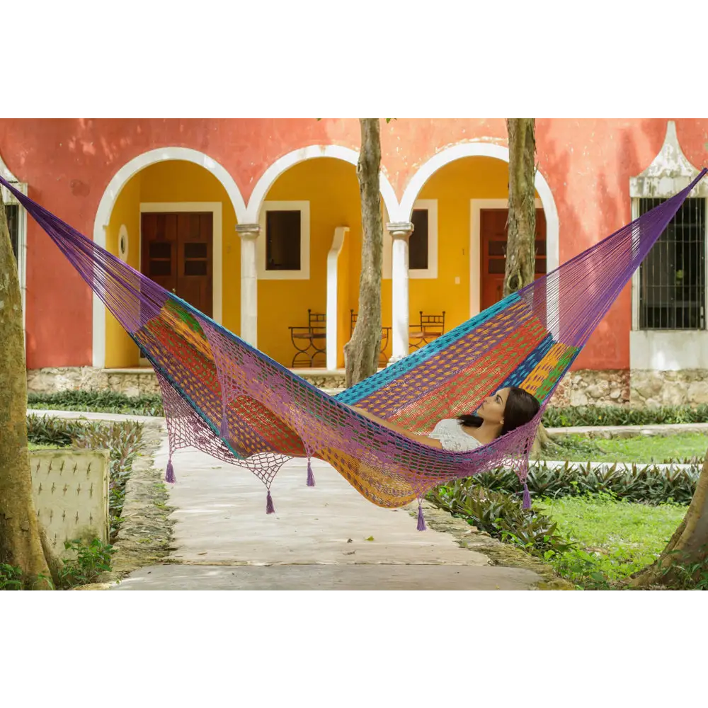 Outdoor undercover cotton Mayan Legacy hammock with hand crocheted tassels King Size Colorina - Home & Garden > Hammocks