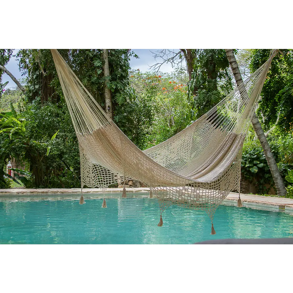 Outdoor undercover cotton Mayan Legacy hammock with hand crocheted tassels King Size Marble - Home & Garden > Hammocks