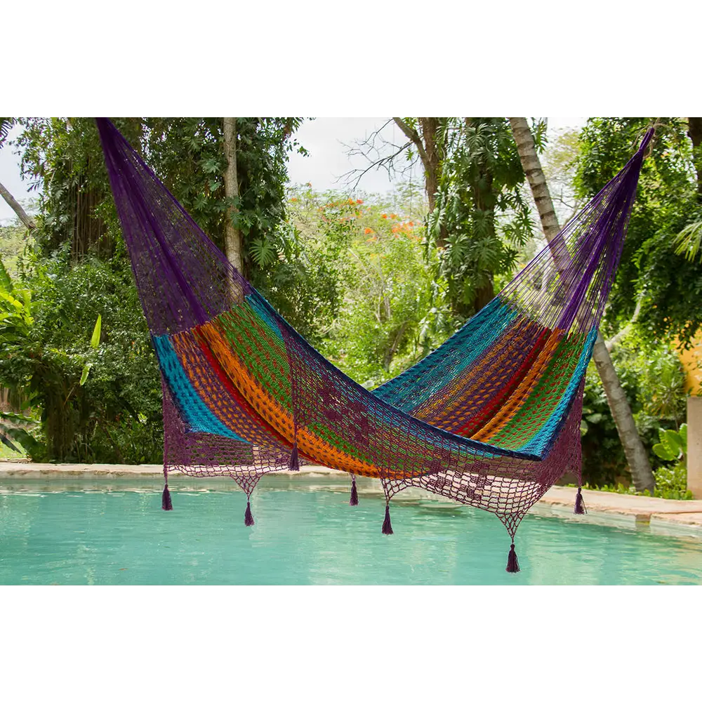 Outdoor undercover cotton Mayan Legacy hammock with hand crocheted tassels King Size Colorina - Home & Garden > Hammocks