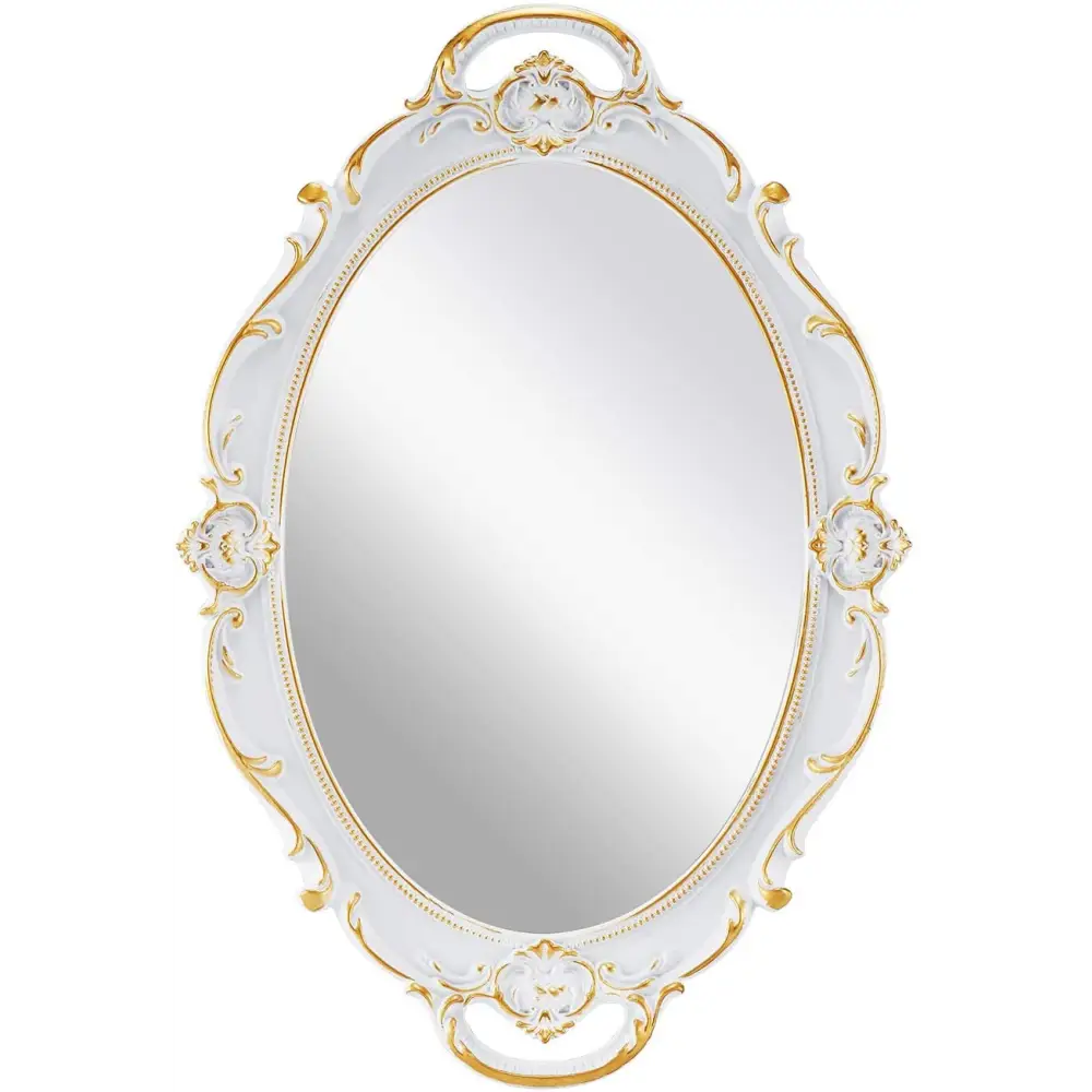 Oval Antique White 25 x 38 cm Vintage Carved Hanging Wall Mirror for Bedroom and Living-Room - Home & Garden > Decor >