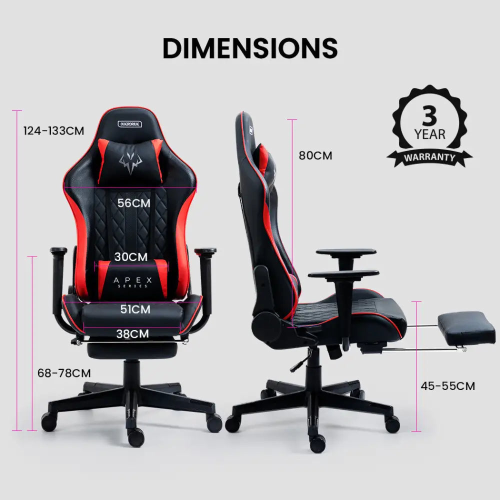 OVERDRIVE Apex Series Reclining Gaming Ergonomic Office Chair with Footrest Black and Red - Furniture > Office