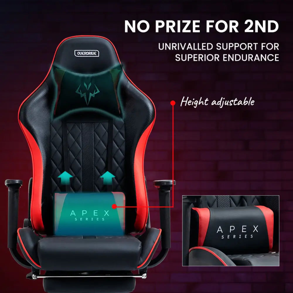 OVERDRIVE Apex Series Reclining Gaming Ergonomic Office Chair with Footrest Black and Red - Furniture > Office
