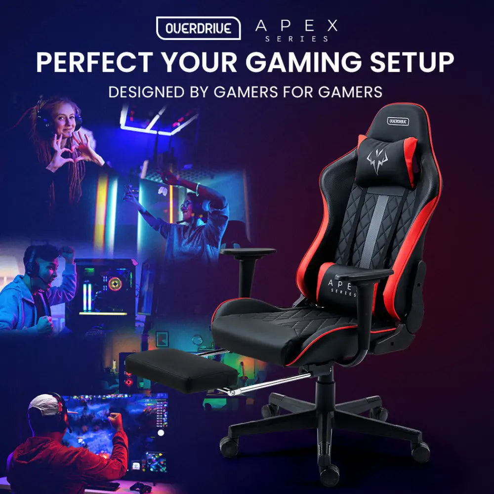 OVERDRIVE Apex Series Reclining Gaming Ergonomic Office Chair with Footrest Black and Red - Furniture > Office