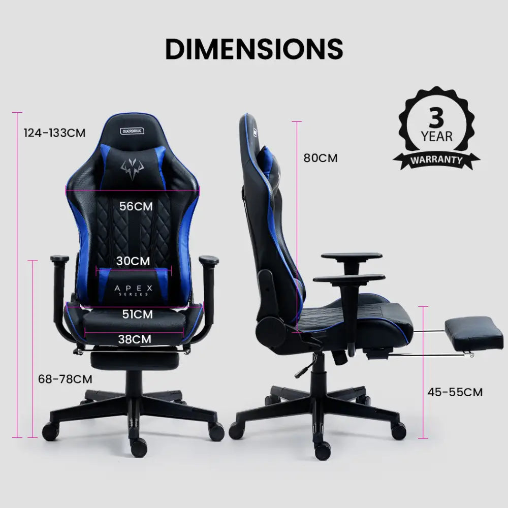 OVERDRIVE Apex Series Reclining Gaming Ergonomic Office Chair with Footrest Black and Blue - Furniture > Office