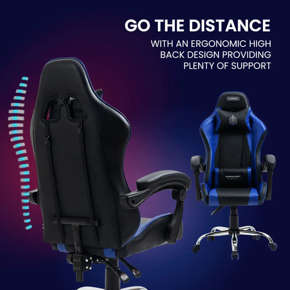 OVERDRIVE Conquest Series Reclining Gaming Ergonomic Office Chair with Lumbar and Neck Pillows Black and Blue