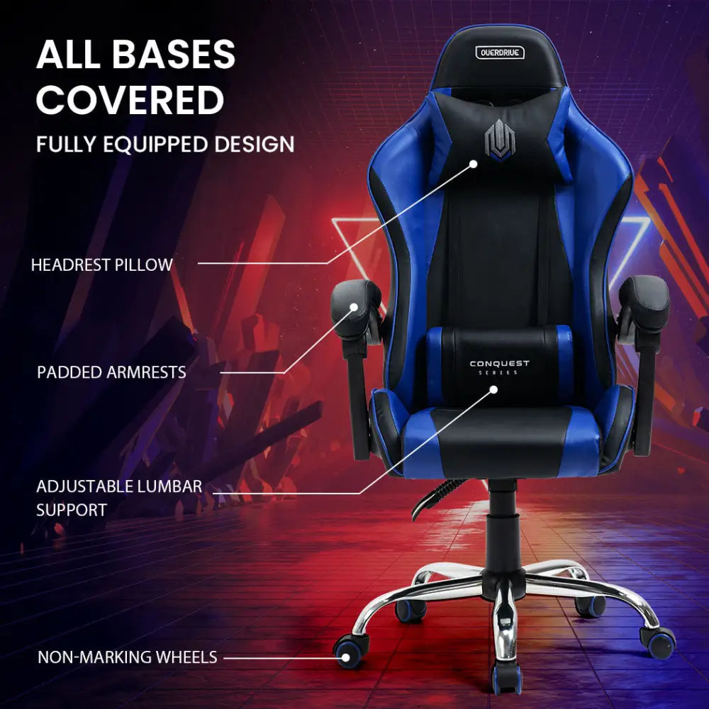 OVERDRIVE Conquest Series Reclining Gaming Ergonomic Office Chair with Lumbar and Neck Pillows Black and Blue