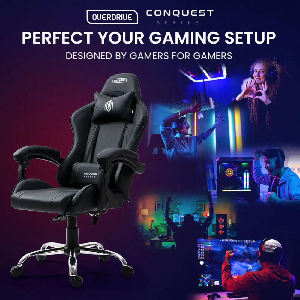 OVERDRIVE Conquest Series Reclining Gaming Ergonomic Office Chair with Lumbar and Neck Pillows Black - Furniture >