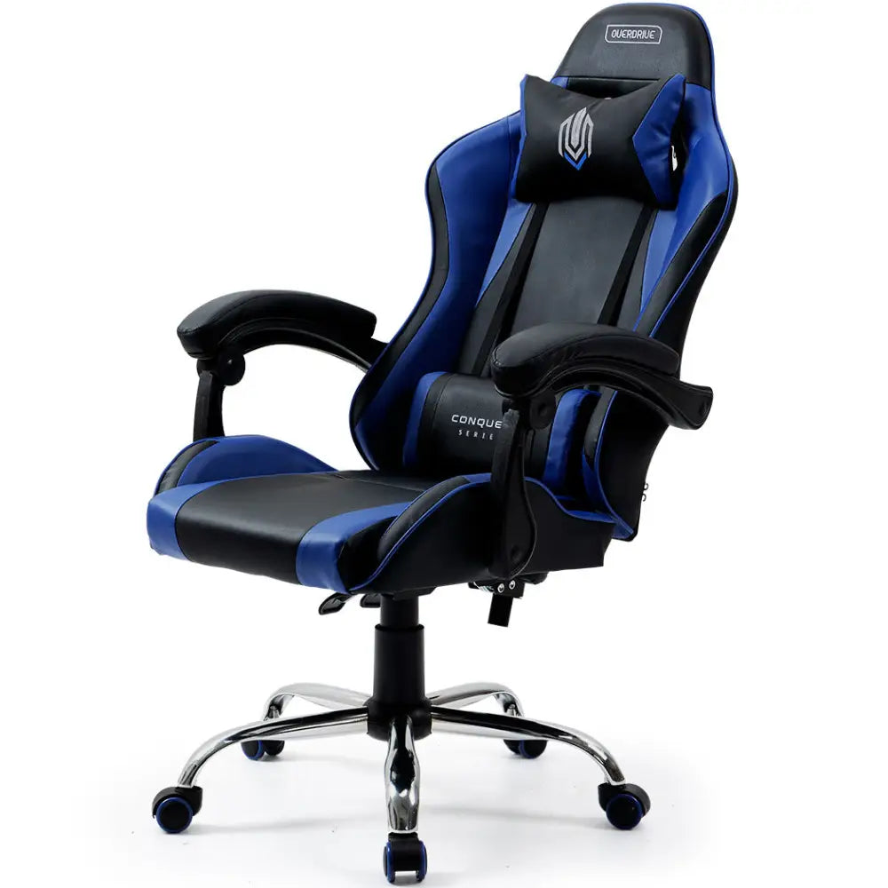 OVERDRIVE Conquest Series Reclining Gaming Ergonomic Office Chair with Lumbar and Neck Pillows Black and Blue