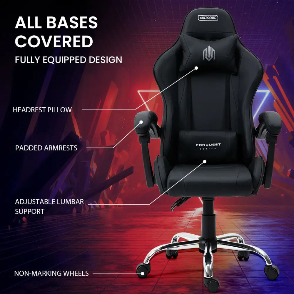 OVERDRIVE Conquest Series Reclining Gaming Ergonomic Office Chair with Lumbar and Neck Pillows Black - Furniture >