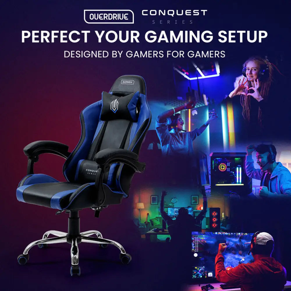 OVERDRIVE Conquest Series Reclining Gaming Ergonomic Office Chair with Lumbar and Neck Pillows Black and Blue