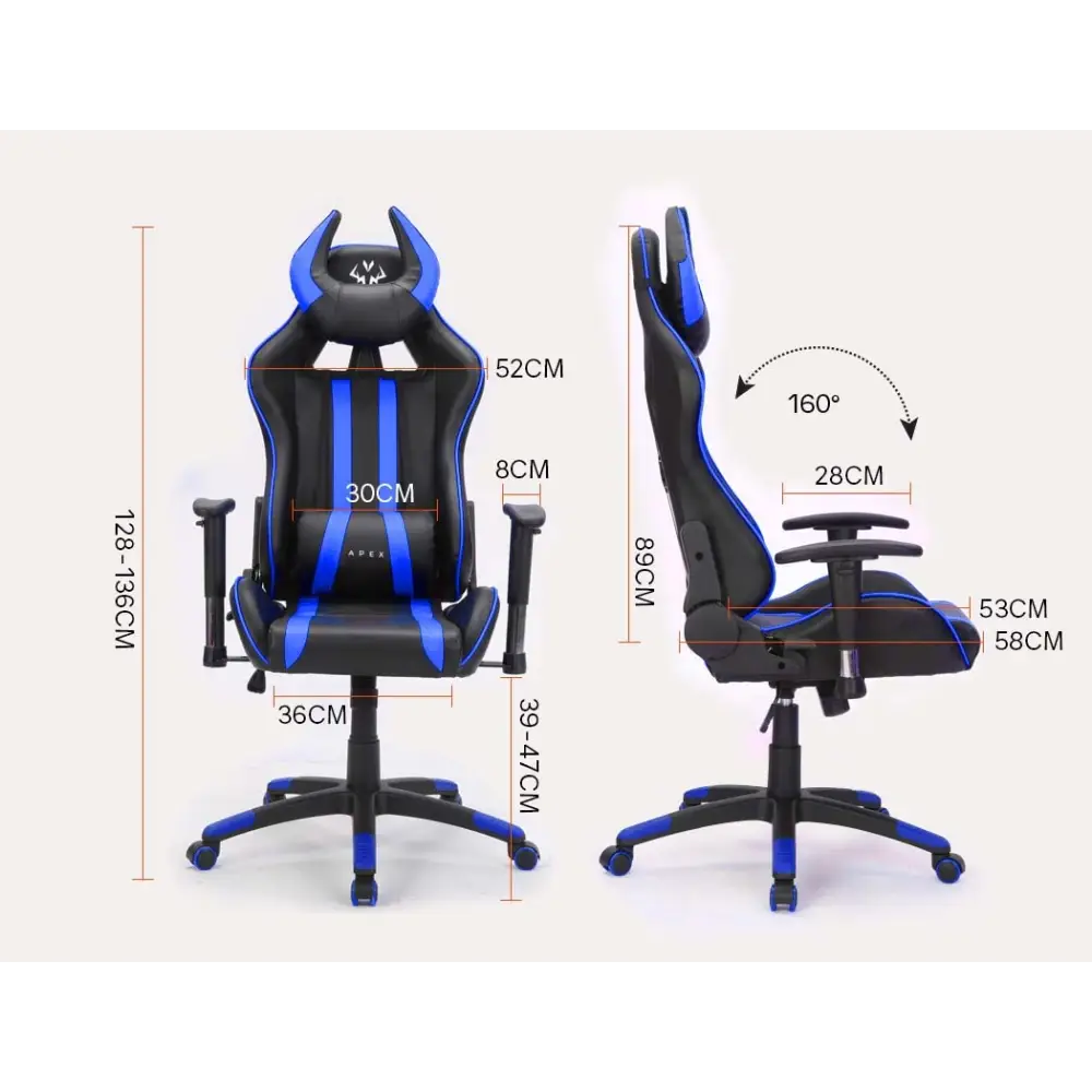 OVERDRIVE Diablo Reclining Gaming Chair Black & Blue Computer Lumbar Office Horns - Furniture > Office