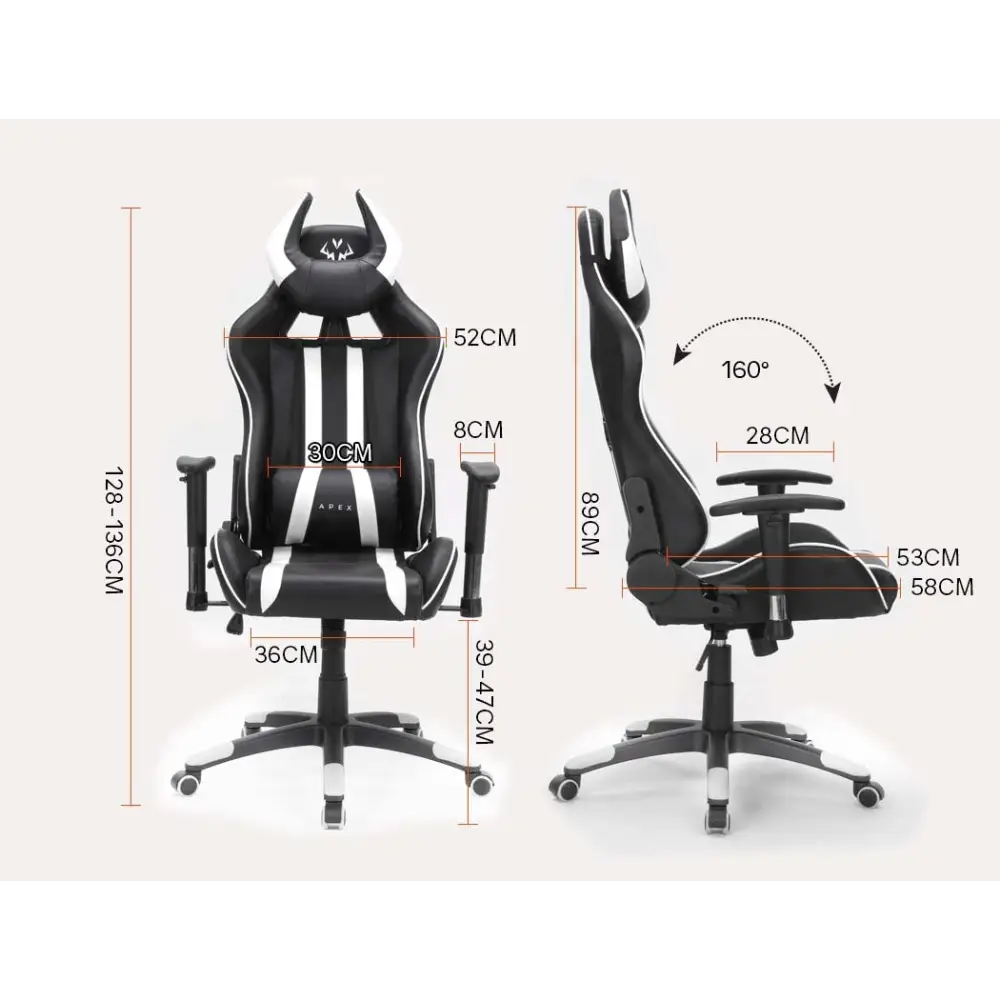 OVERDRIVE Diablo Reclining Gaming Chair Black & White Seat Computer Office Neck Lumbar Horns - Furniture > Office