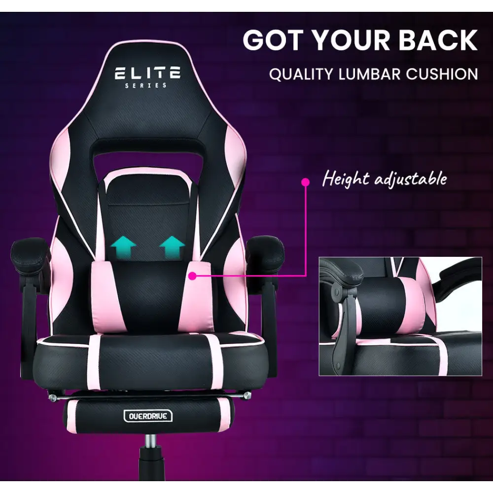 OVERDRIVE Gaming Chair Pink Racing Computer Office Ergonomic Reclining Footrest - Furniture > Office