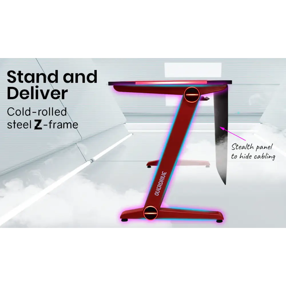 OVERDRIVE Gaming Desk 120cm Computer Black PC Red LED Lights Carbon Fiber Look - Furniture > Office