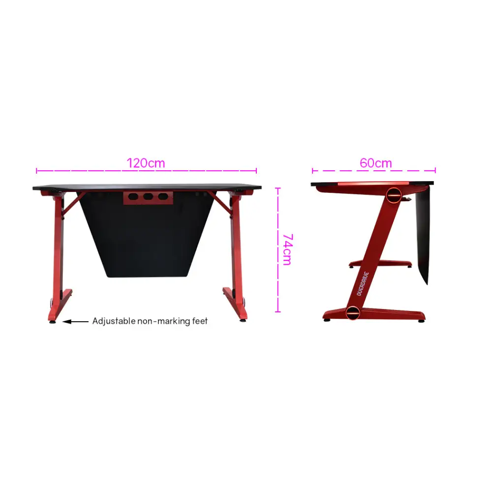 OVERDRIVE Gaming Desk 120cm Computer Black PC Red LED Lights Carbon Fiber Look - Furniture > Office