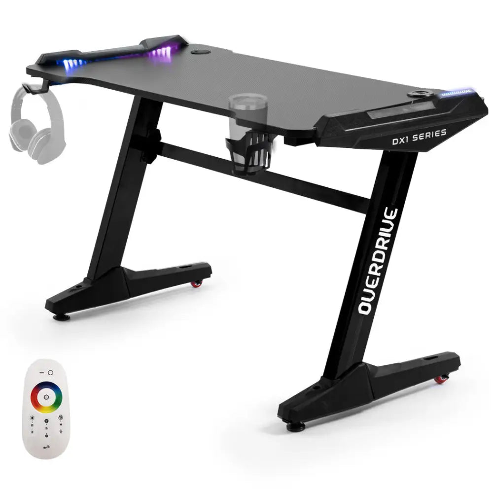 OVERDRIVE Gaming Desk 120x60cm Carbon Fiber Styling LED Lights Headset Hanger Cup Holder Cable Management Black