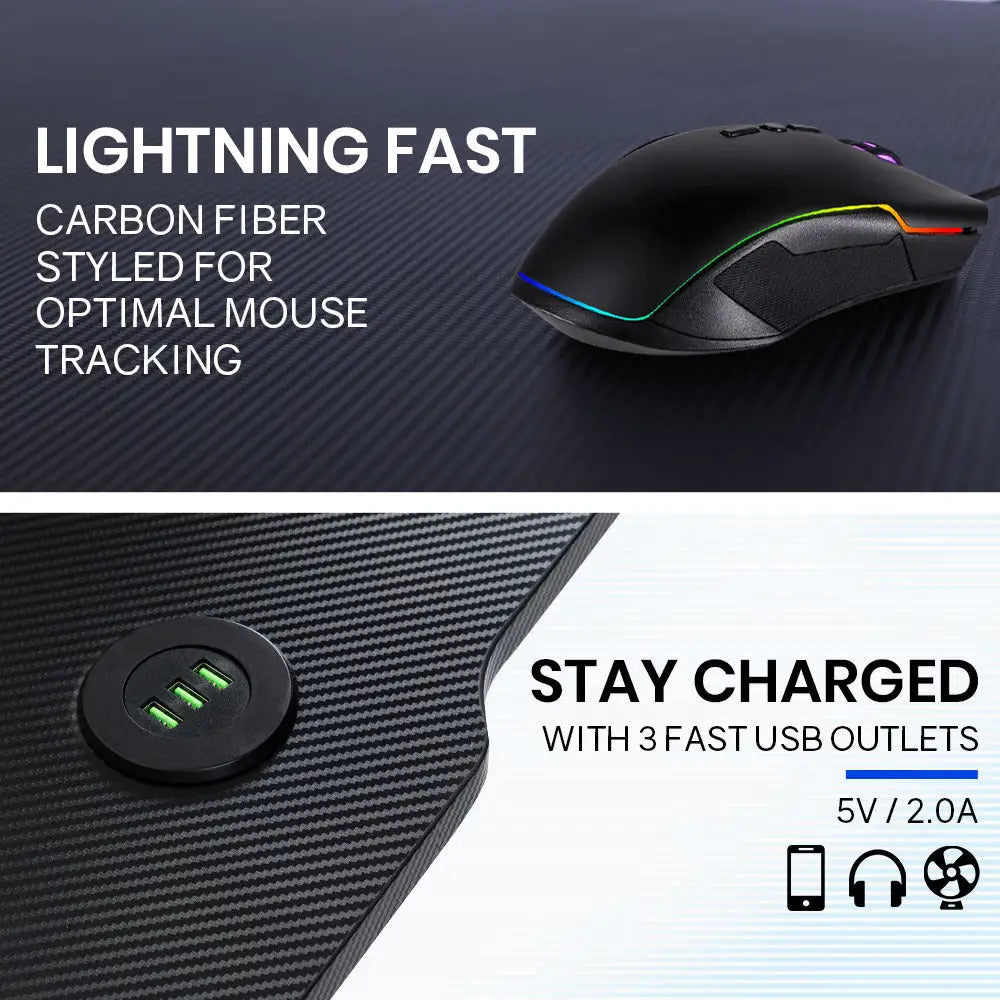 OVERDRIVE Gaming Desk 120x60cm Carbon Fiber Styling LED Lights Headset Hanger Cup Holder Cable Management Blue