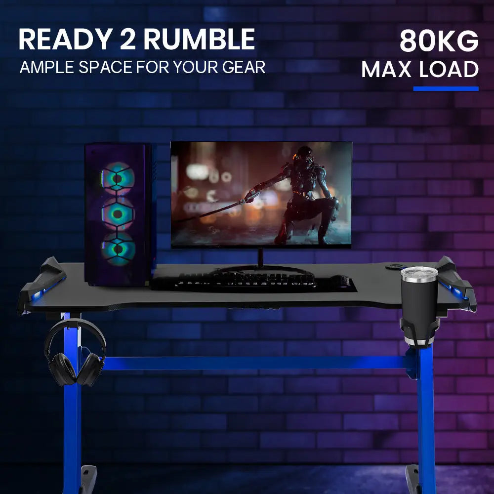 OVERDRIVE Gaming Desk 120x60cm Carbon Fiber Styling LED Lights Headset Hanger Cup Holder Cable Management Blue