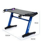 OVERDRIVE Gaming Desk 120x60cm Carbon Fiber Styling LED Lights Headset Hanger Cup Holder Cable Management Blue