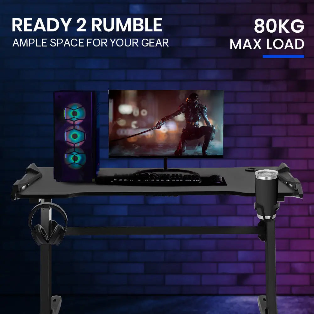 OVERDRIVE Gaming Desk 120x60cm Carbon Fiber Styling LED Lights Headset Hanger Cup Holder Cable Management Black