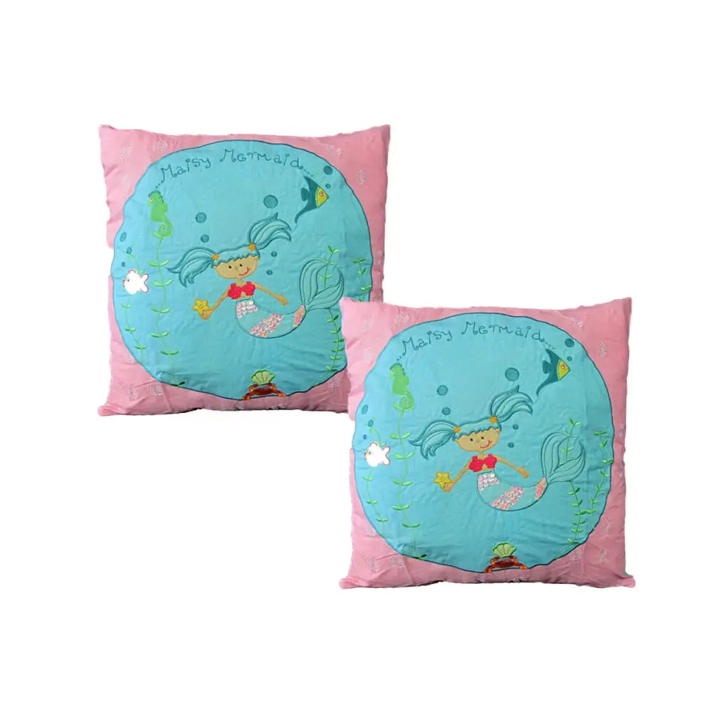 Pink Shelley Mermaid Embroidered Cushion Covers with turquoise sea creature design