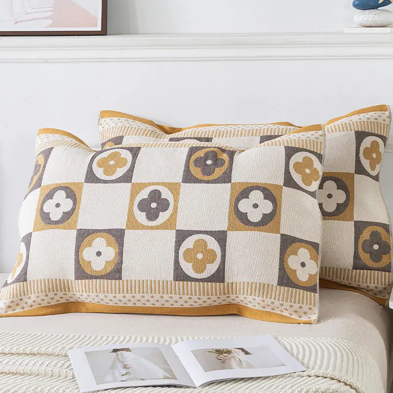 Pair of Brown four-leaf clover Tied Cotton Gauze Pillow Cover - Secure Fit Premium Comfort (Insert Not Included) - Home