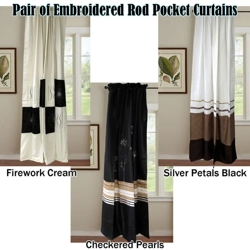 Pair of Embroidered Rod Pocket Curtains 150 x 213cm each Silver Petals - Home & Garden > Curtains