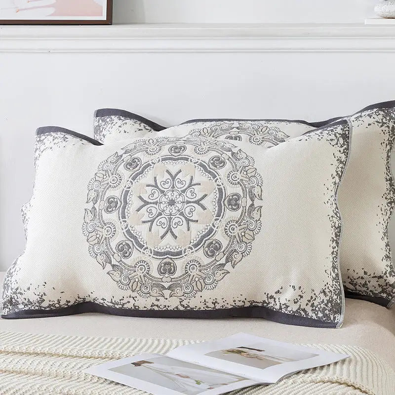 Pair of Gray Circular Pattern Tied Cotton Gauze Pillow Cover - Secure Fit Premium Comfort (Insert Not Included) - Home