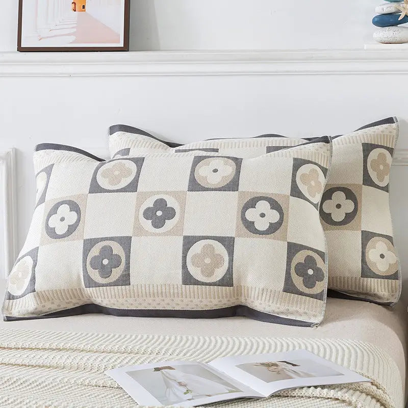 Pair of Gray Clover Tied Cotton Gauze Pillow Cover - Secure Fit Premium Comfort (Insert Not Included) - Home & Garden >