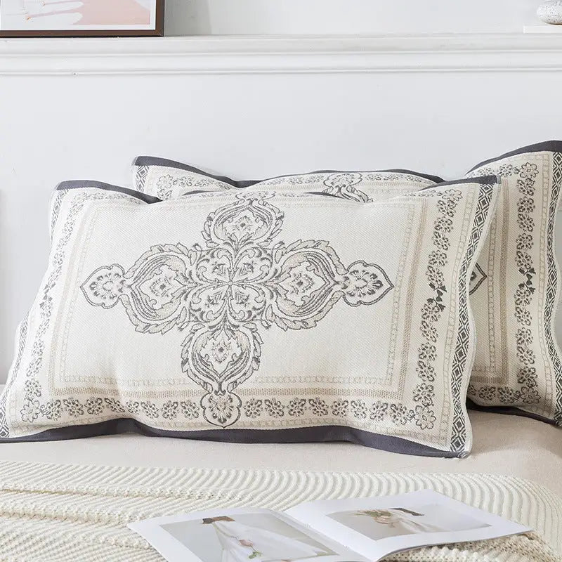 Pair of Gray pattern Tied Cotton Gauze Pillow Cover - Secure Fit Premium Comfort (Insert Not Included) - Home & Garden