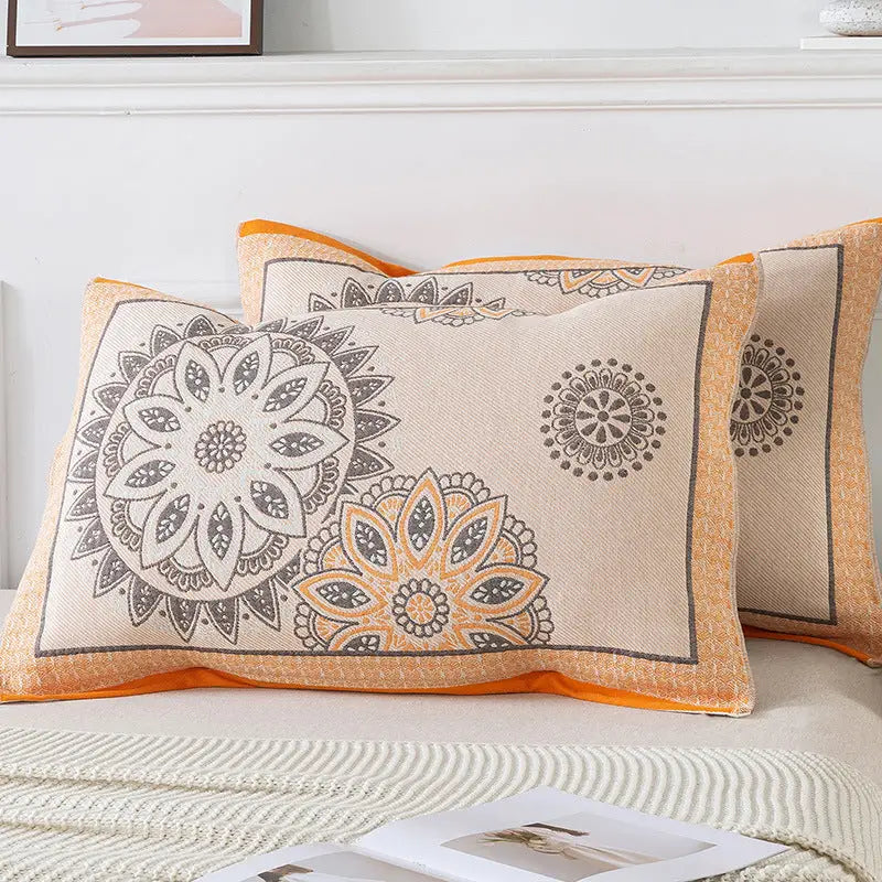 Pair of Orange pattern Tied Cotton Gauze Pillow Cover - Secure Fit Premium Comfort (Insert Not Included) - Home &