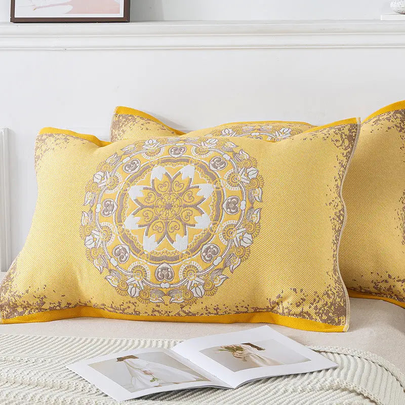 Pair of Yellow Circular Pattern Tied Cotton Gauze Pillow Cover - Secure Fit Premium Comfort (Insert Not Included)