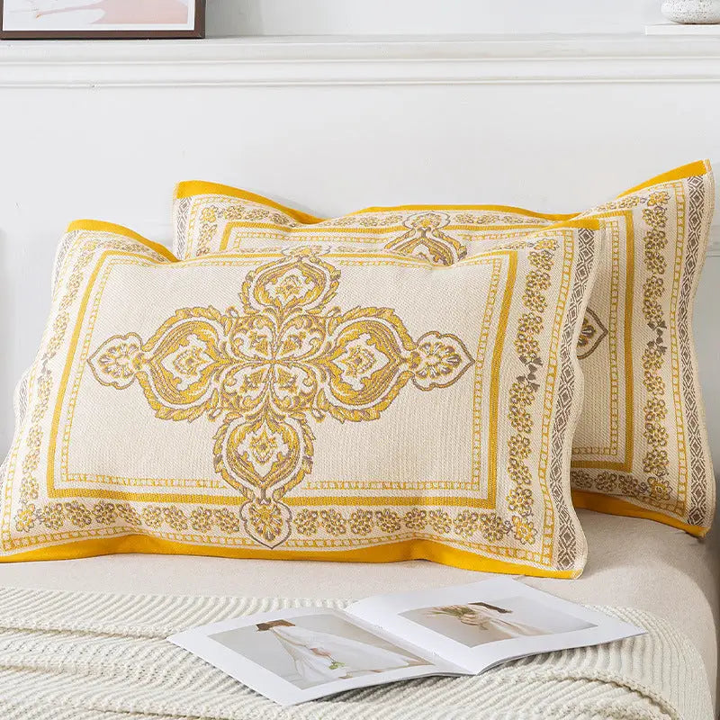 Pair of Yellow pattern Tied Cotton Gauze Pillow Cover - Secure Fit Premium Comfort (Insert Not Included) - Home &