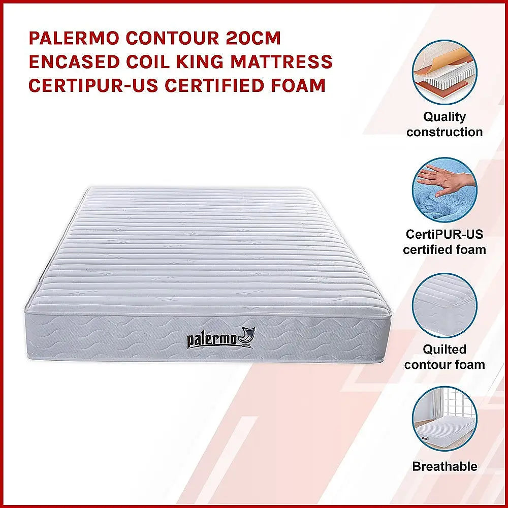 Palermo Contour 20cm Encased Coil King Mattress CertiPUR-US Certified Foam - Furniture > Mattresses