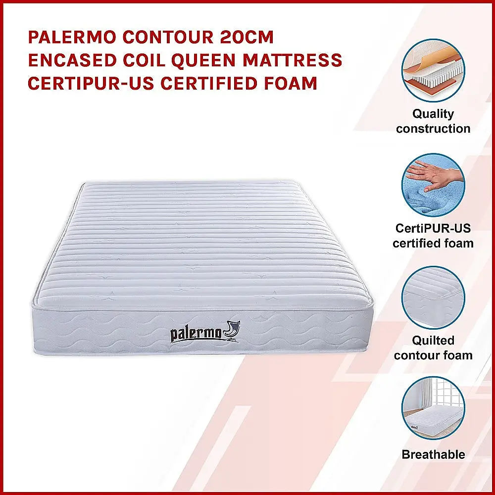 Palermo Contour 20cm Encased Coil Queen Mattress CertiPUR-US Certified Foam - Furniture > Mattresses