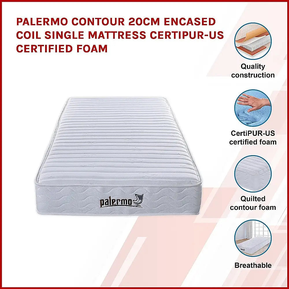 Palermo Contour 20cm Encased Coil Single Mattress CertiPUR-US Certified Foam - Furniture > Mattresses