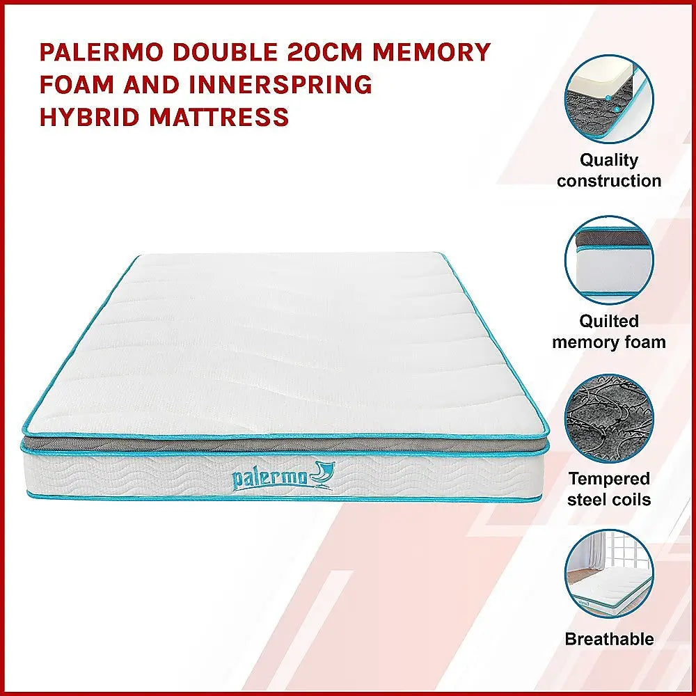 Palermo Double 20cm Memory Foam and Innerspring Hybrid Mattress - Furniture > Mattresses