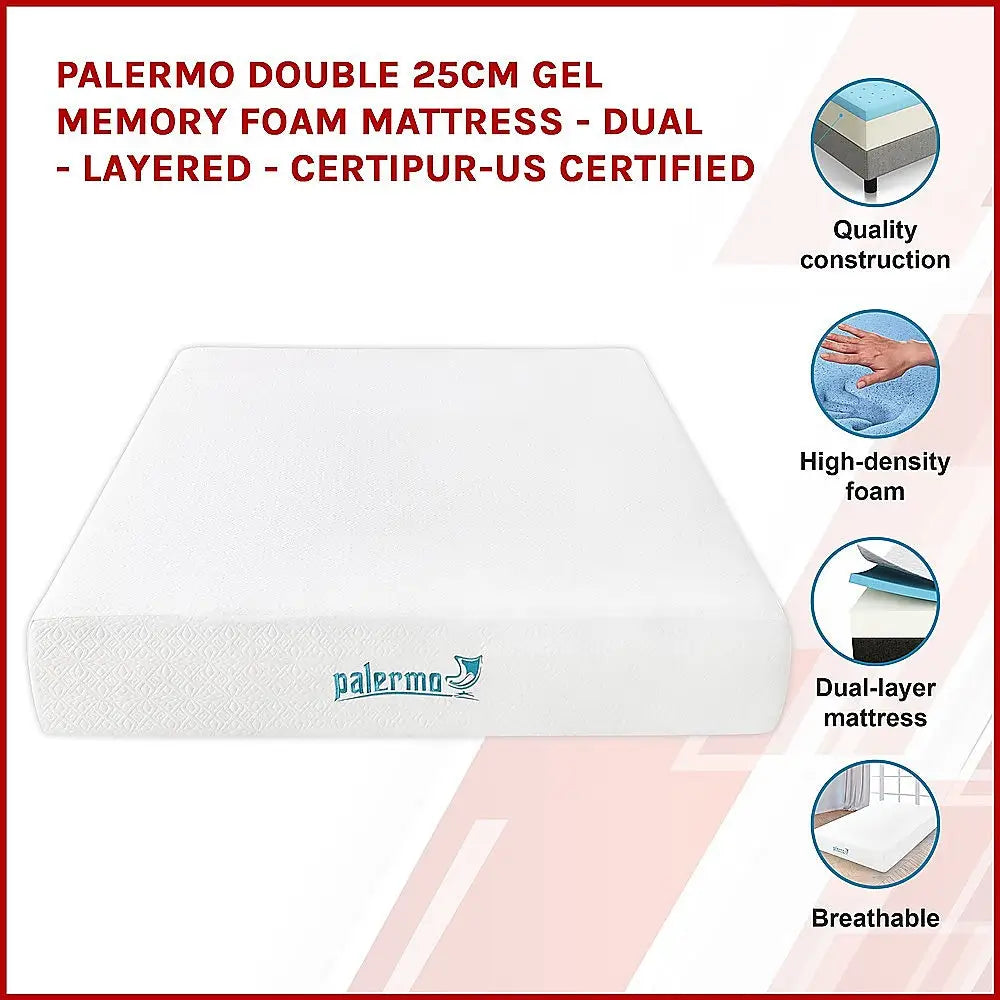 Palermo Double 25cm Gel Memory Foam Mattress - Dual-Layered - CertiPUR-US Certified - Furniture > Mattresses