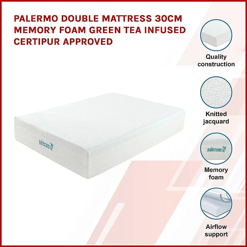 Palermo Double Mattress 30cm Memory Foam Green Tea Infused CertiPUR Approved - Furniture > Mattresses