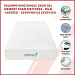 Palermo King Single 25cm Gel Memory Foam Mattress - Dual-Layered - CertiPUR-US Certified - Furniture > Mattresses