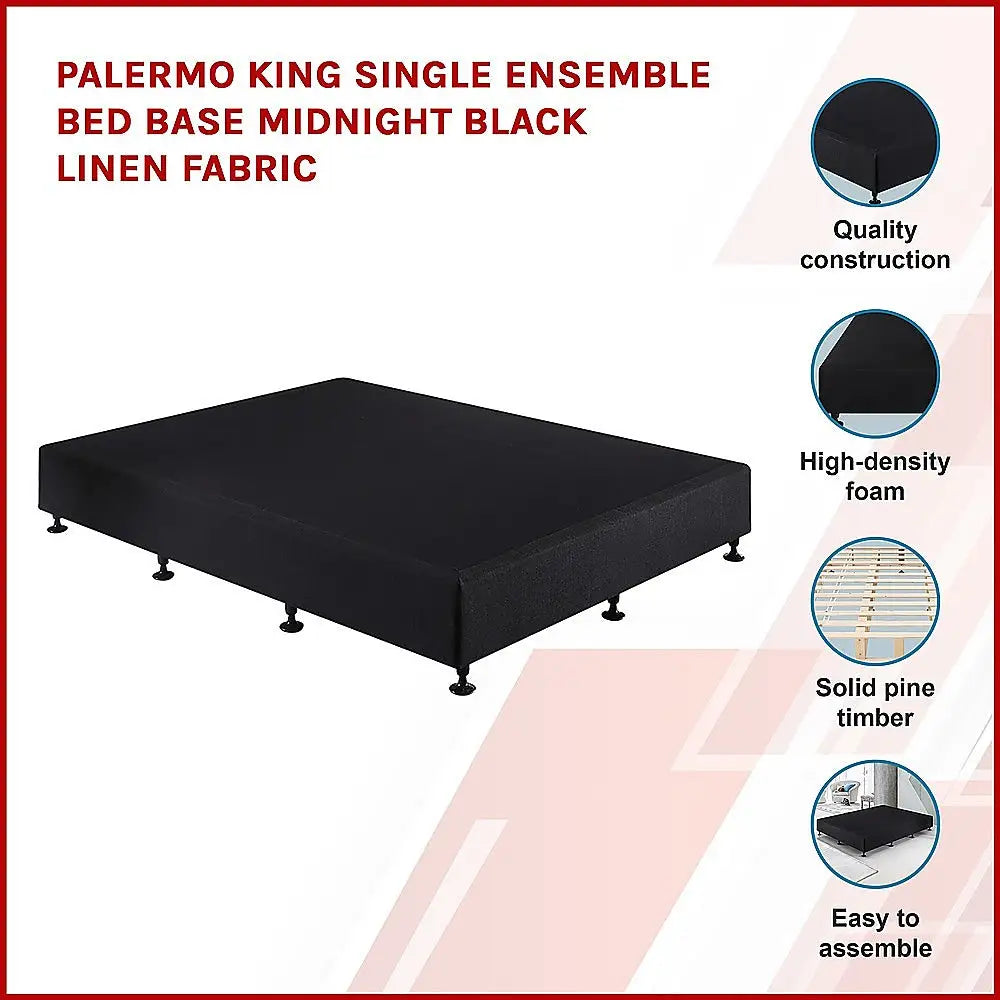 Palermo King Single Ensemble Bed Base Midnight Black Linen Fabric - Furniture > Bedroom